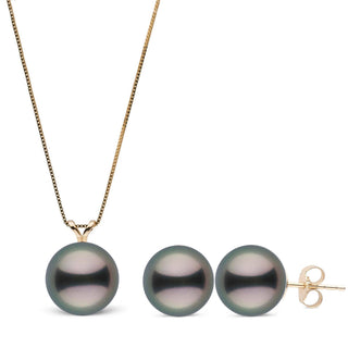 Unity Collection 9.0-10.0 mm Tahitian Pearl Pendant & Stud Earrings Set featuring round black Tahitian pearls on a delicate yellow gold chain and matching stud earrings.