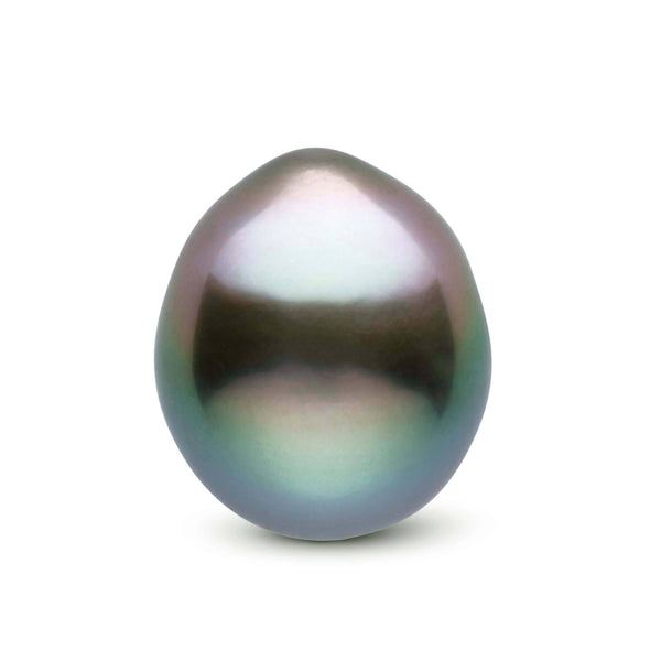 Loose Drop Tahitian Pearl with a natural dark iridescent sheen showing hues of green, purple, and silver, ideal for elegant jewelry design.