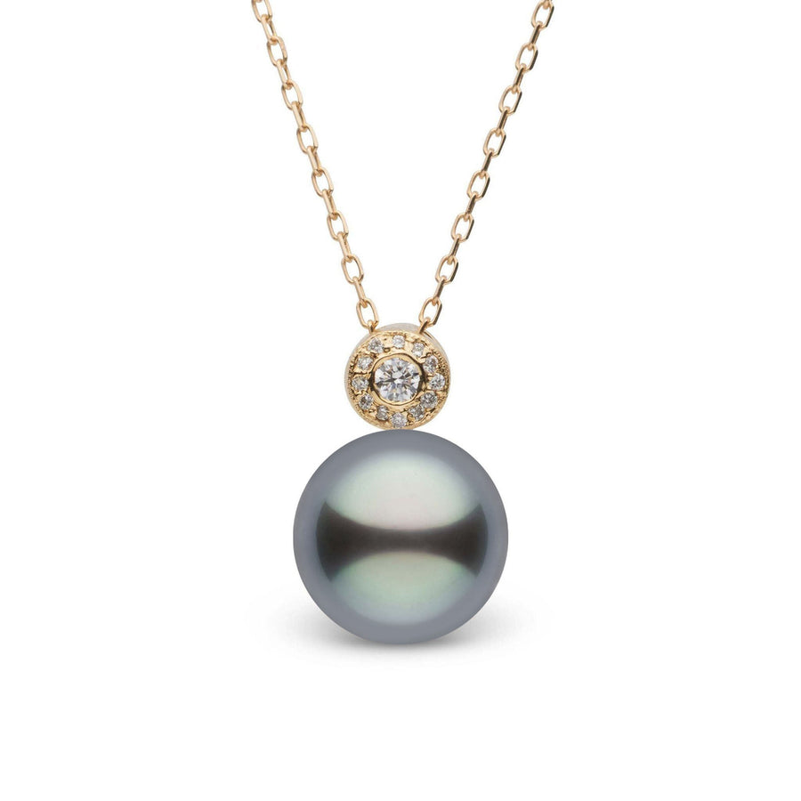 Aura Collection 10.0-11.0 mm Tahitian Pearl and Diamond Pendant featuring a lustrous dark Tahitian pearl accented with a round diamond halo set in yellow gold on a delicate chain.