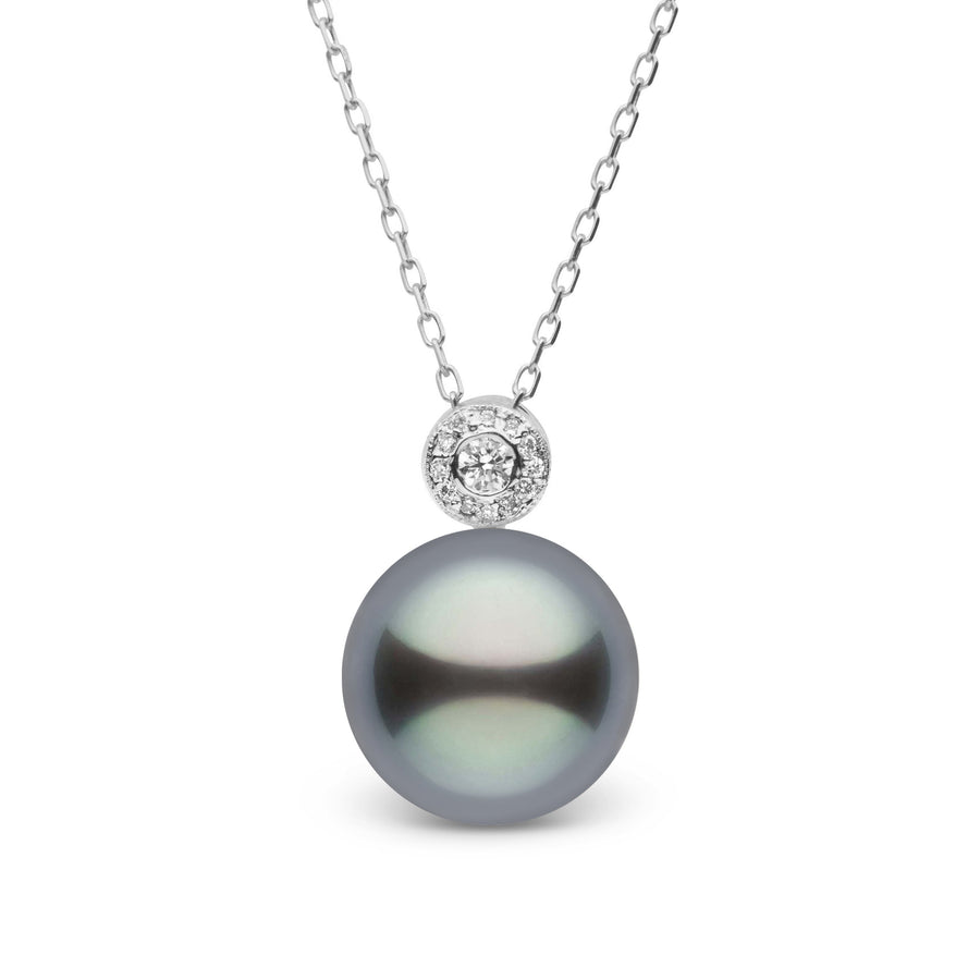Aura Collection 11.0-12.0 mm Tahitian Pearl and Diamond Pendant featuring a single dark Tahitian pearl with subtle iridescence, suspended from a delicate chain with a sparkling diamond accent.
