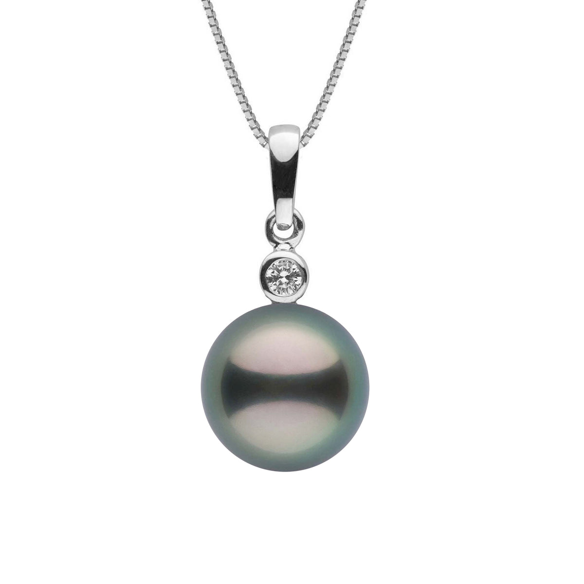 Brilliant Collection 8.0-9.0 mm Tahitian Pearl and Diamond Pendant featuring a lustrous dark Tahitian pearl with a delicate white diamond set in white gold on a fine chain.