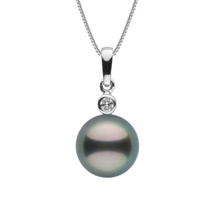 Brilliant Collection 8.0-9.0 mm Tahitian Pearl and Diamond Pendant featuring a lustrous dark Tahitian pearl with a delicate white diamond set in white gold on a fine chain.