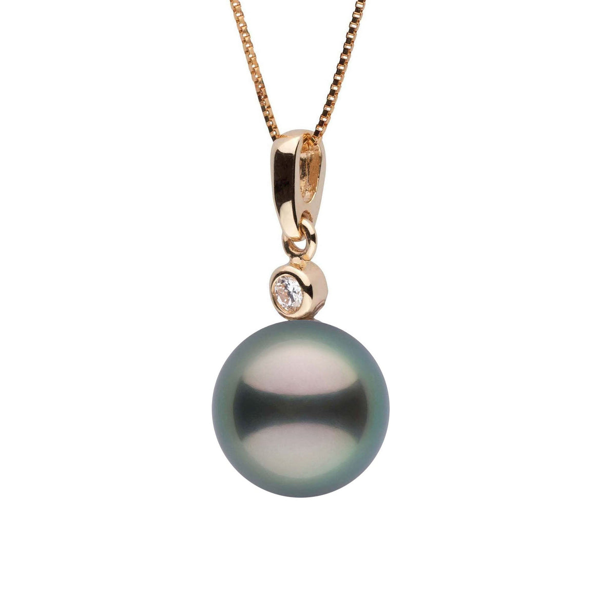 Brilliant Collection 8.0-9.0 mm Tahitian Pearl and Diamond Pendant featuring a lustrous dark Tahitian pearl set in gold with a single sparkling diamond accent on a delicate chain.