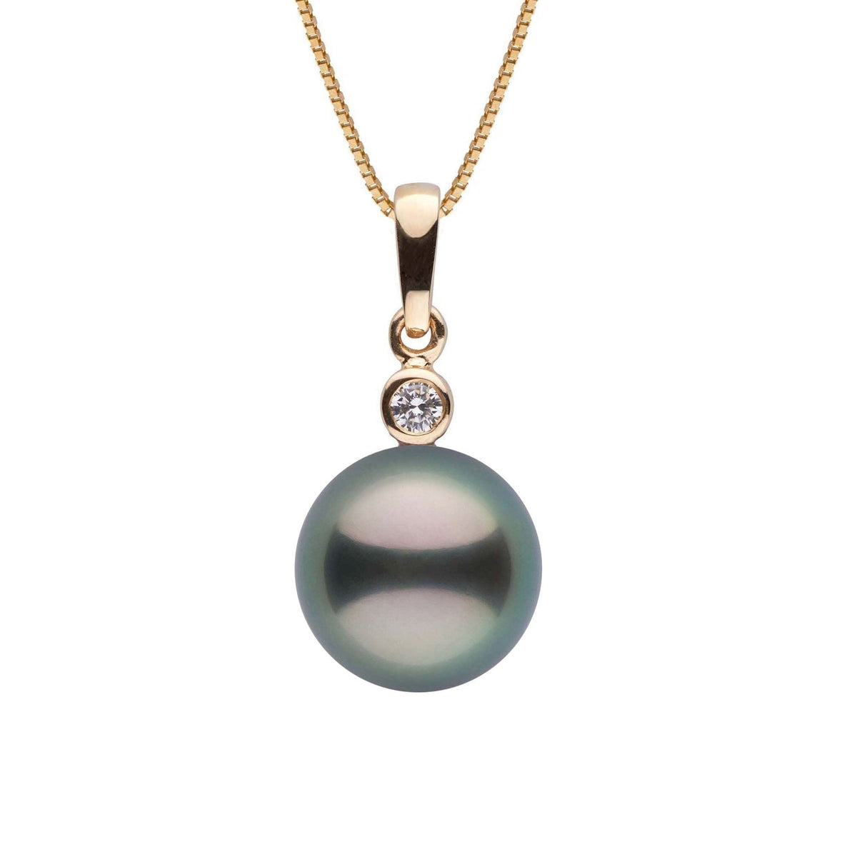 Brilliant Collection 8.0-9.0 mm Tahitian Pearl and Diamond Pendant featuring a lustrous dark Tahitian pearl accented by a sparkling diamond on a delicate gold chain.