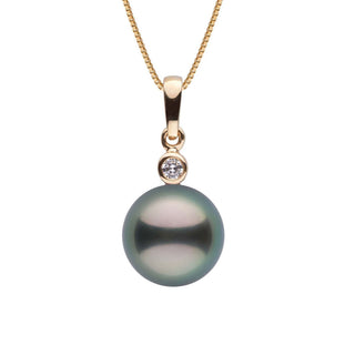 Brilliant Collection 8.0-9.0 mm Tahitian Pearl and Diamond Pendant featuring a lustrous dark Tahitian pearl accented by a sparkling diamond on a delicate gold chain.