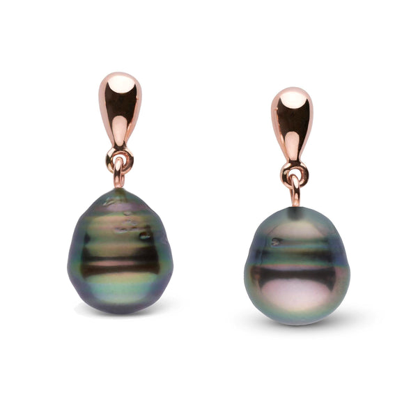 Dew Collection 9.0-10.0 mm Tahitian Baroque Pearl Earrings featuring iridescent dark pearls with unique shapes and rose gold settings, elegant and distinctive fine pearl jewelry.