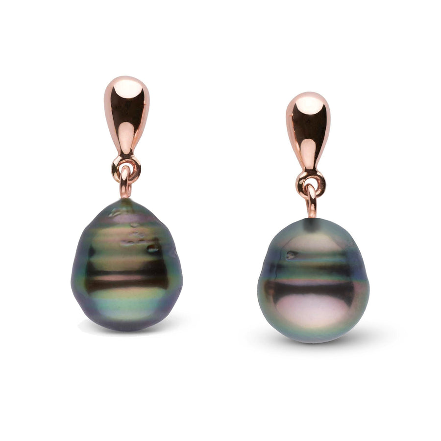 Dew Collection 9.0-10.0 mm Tahitian Baroque Pearl Earrings featuring iridescent dark pearls with unique shapes and rose gold settings, elegant and distinctive fine pearl jewelry.