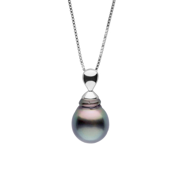 Dew Collection 9.0-10.0 mm Tahitian Baroque Pearl Pendant featuring a lustrous dark pearl with subtle iridescent tones hanging from a simple 14K white gold bail and chain.