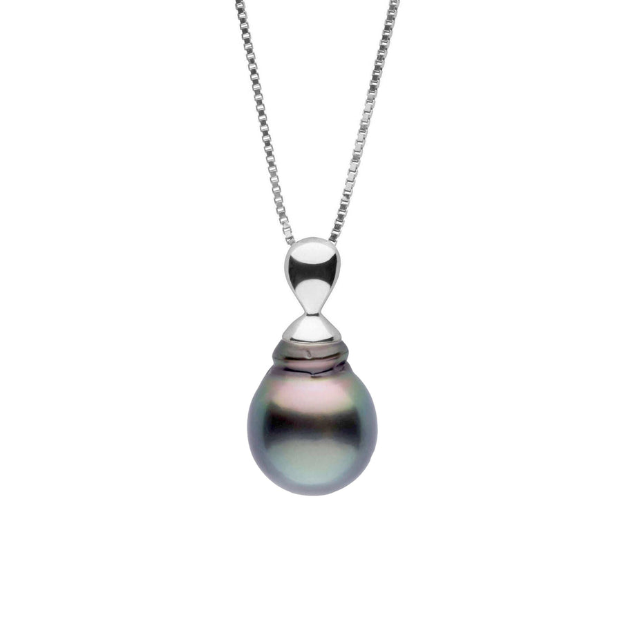 Dew Collection 9.0-10.0 mm Tahitian Baroque Pearl Pendant featuring a lustrous dark pearl with subtle iridescent tones hanging from a simple 14K white gold bail and chain.