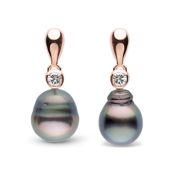 Dew Collection 9.0-10.0 mm Tahitian Baroque Pearl and Diamond Earrings featuring unique baroque Tahitian pearls with round diamonds set in rose gold accents.