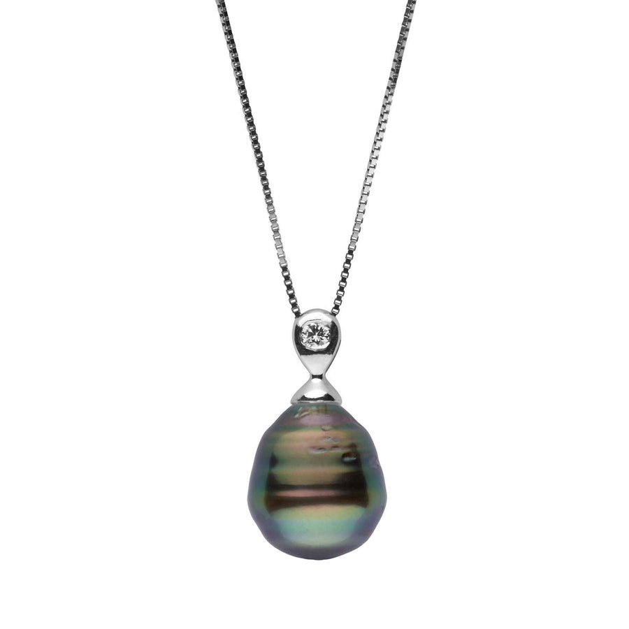 Dew Collection 9.0-10.0 mm Tahitian Baroque Pearl and Diamond Pendant featuring an iridescent black pearl with a single sparkling diamond set in white gold on a delicate chain.
