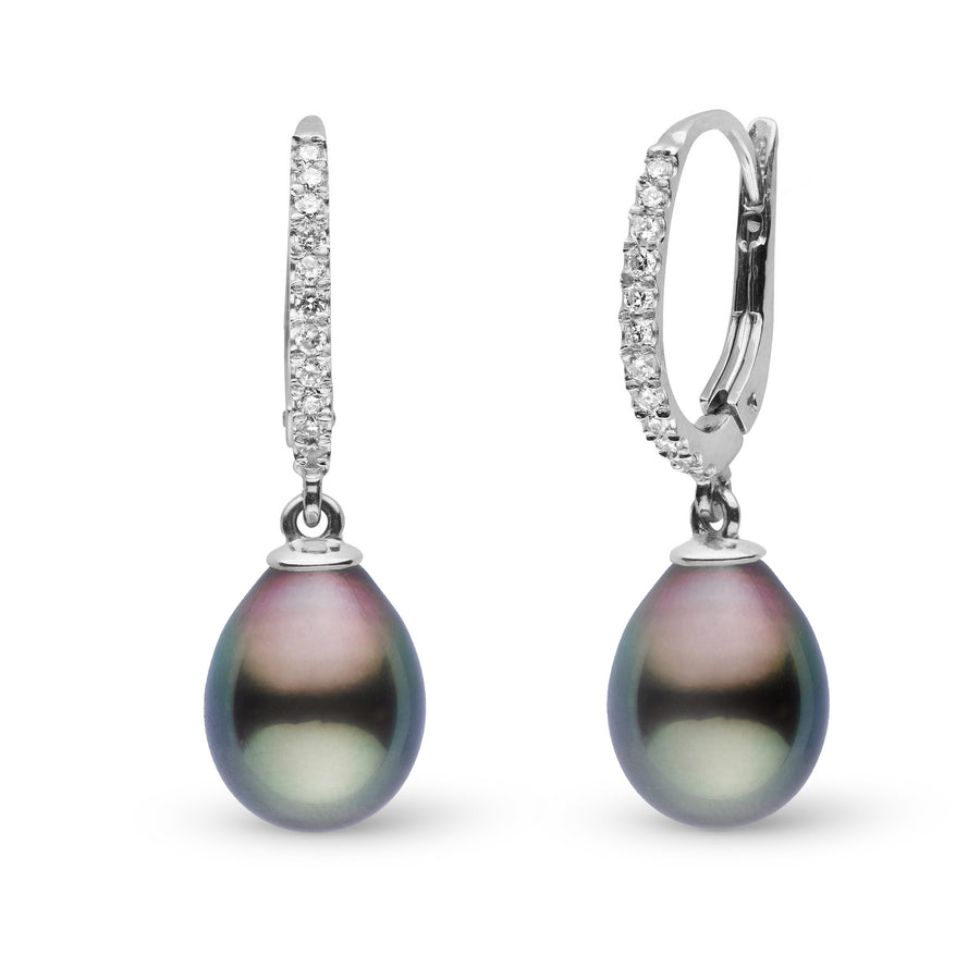 Elegant Eternal Collection Tahitian 10.0-11.0 mm Drop Pearl & Diamond Dangle Earrings featuring lustrous black Tahitian pearls and sparkling white diamonds on 14K white gold hoops.