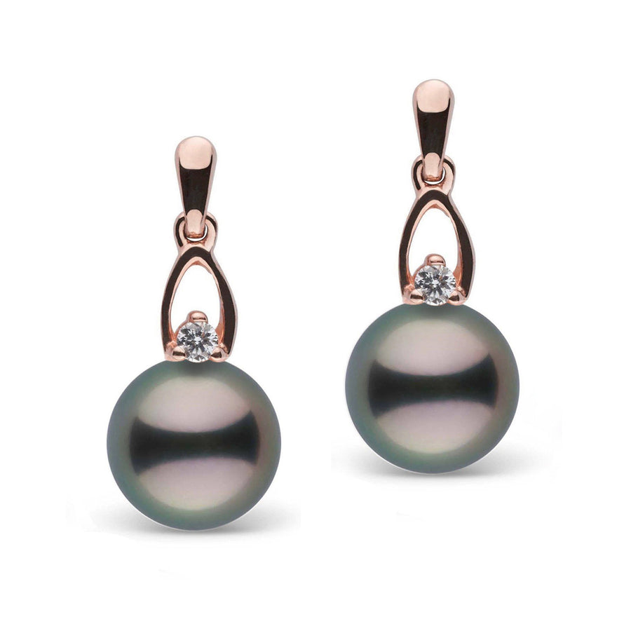 Juliet Collection 8.0-9.0 mm Tahitian Pearl and Diamond Earrings featuring round black Tahitian pearls with diamond accents set in rose gold, elegant and timeless pearl earrings.