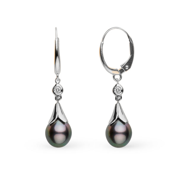 Lilium Collection 9.0-10.0 mm Tahitian Drop Pearl and Diamond Earrings featuring elegant black Tahitian pearls with diamond accents and 14K white gold lever-back settings.