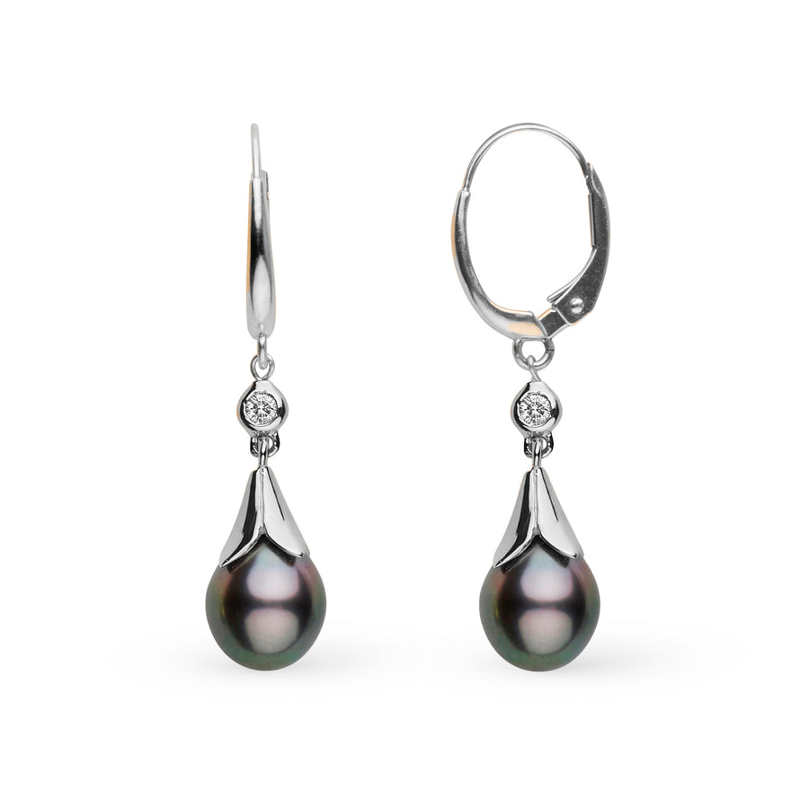 Lilium Collection 9.0-10.0 mm Tahitian Drop Pearl and Diamond Earrings featuring elegant black Tahitian pearls with diamond accents and 14K white gold lever-back settings.