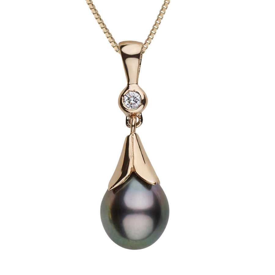 Lilium Collection 9.0-10.0 mm Tahitian Drop Pearl and Diamond Pendant featuring a lustrous dark Tahitian pearl set in a gold setting with a sparkling diamond accent on a fine gold chain.
