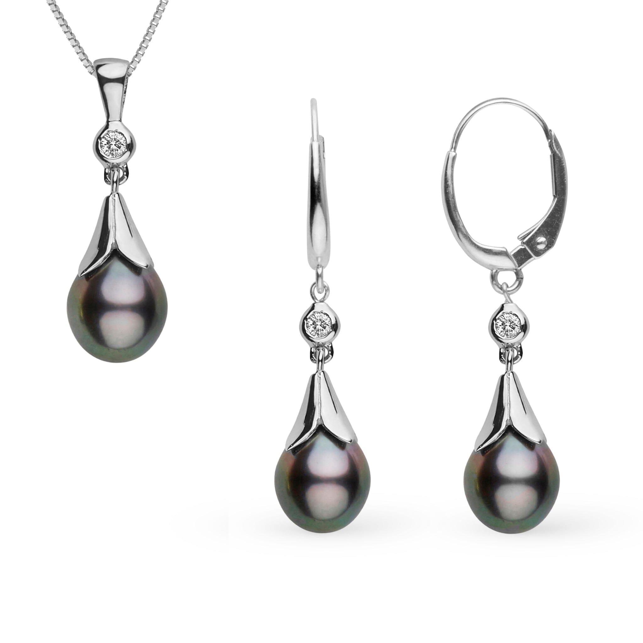 Lilium Collection 9.0-10.0 mm Tahitian Drop Pearl and Diamond Pendant and Earrings Set