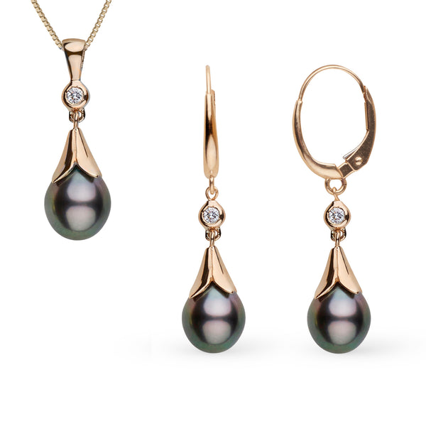 Lilium Collection 9.0-10.0 mm Tahitian Drop Pearl and Diamond Pendant and Earrings Set featuring black Tahitian pearls with diamond accents on yellow gold settings.