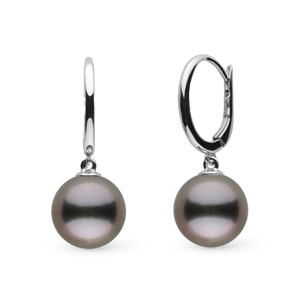 Solid Eternal Collection 9.0-10.0 mm Tahitian Pearl Earrings featuring round dark Tahitian pearls suspended from polished white gold hoops, elegant and timeless fine pearl jewelry.