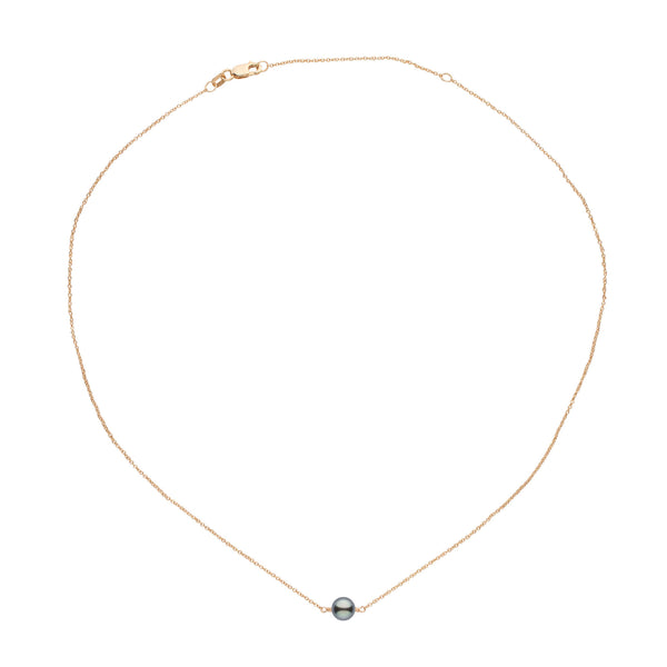 Delicate 8.0-9.0 mm Tahitian Pearl Solitaire Pendant necklace featuring a single dark grey tahitian pearl on an elegant yellow gold chain.