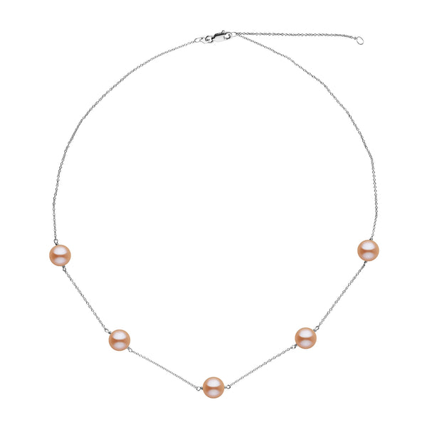 Terra Collection Pink Freshadama Pearl Necklace featuring five soft pink freshwater pearls evenly spaced on a delicate 14K white gold chain, elegant and refined pearl jewelry.