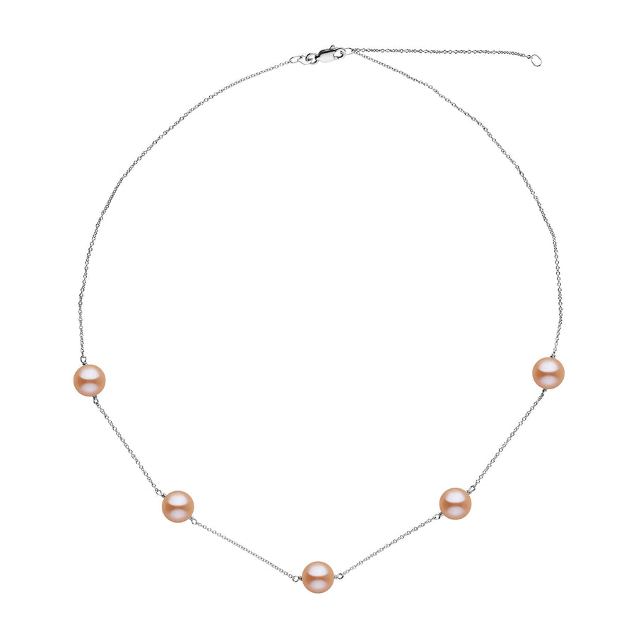 Terra Collection Pink Freshadama Pearl Necklace featuring five soft pink freshwater pearls evenly spaced on a delicate 14K white gold chain, elegant and refined pearl jewelry.