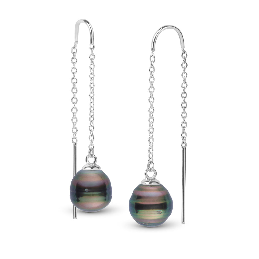 9.0-10.0 mm Tahitian Baroque Pearl Threader Earrings White Gold