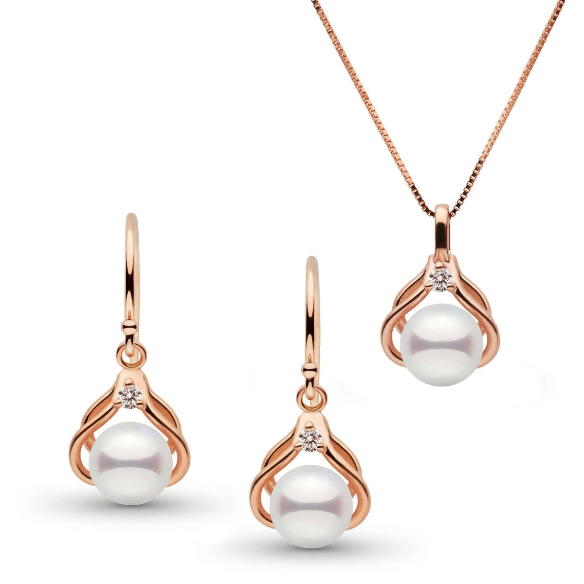 Tiara Collection 6.5-7.0 mm Akoya Pearl and Diamond Pendant and Earrings Set featuring cultured white pearls with rose gold settings and diamond accents.