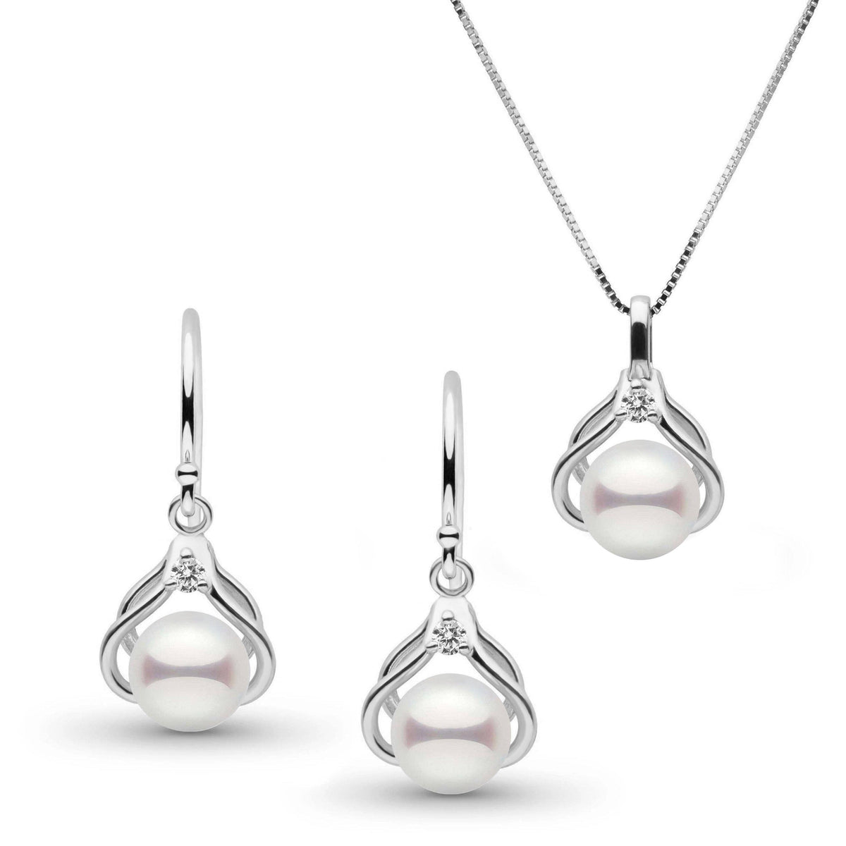 Tiara Collection 6.5-7.0 mm Akoya Pearl and Diamond Pendant and Earrings Set featuring white Akoya pearls accented with delicate diamond details in elegant white gold settings.