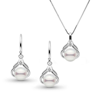Tiara Collection 6.5-7.0 mm Akoya Pearl and Diamond Pendant and Earrings Set featuring white Akoya pearls accented with delicate diamond details in elegant white gold settings.