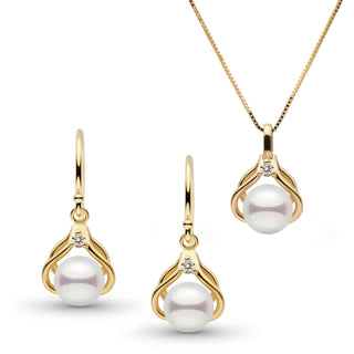 Tiara Collection Akoya Pearl and Diamond Pendant and Earrings Set yellow gold