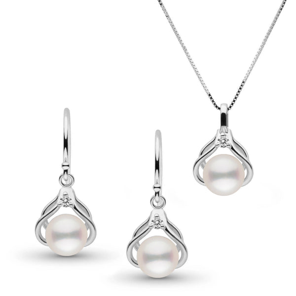 Tiara Collection 6.5-7.0 mm White Freshadama Pearl and Diamond Pendant and Earrings Set featuring white freshwater pearls elegantly set with sparkling diamonds on 14K white gold hooks and chain.