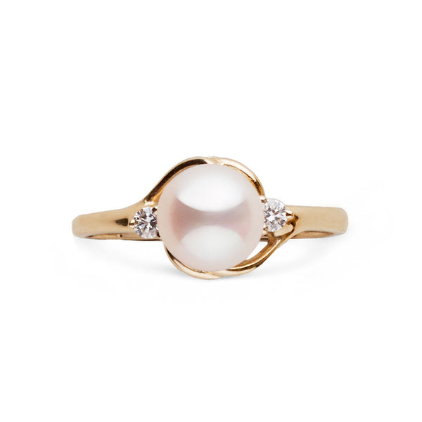 Tiara Collection 6.5-7.0 mm White Freshadama Pearl and Diamond Ring featuring a lustrous white pearl set in a delicate yellow gold band accented by two sparkling diamonds.