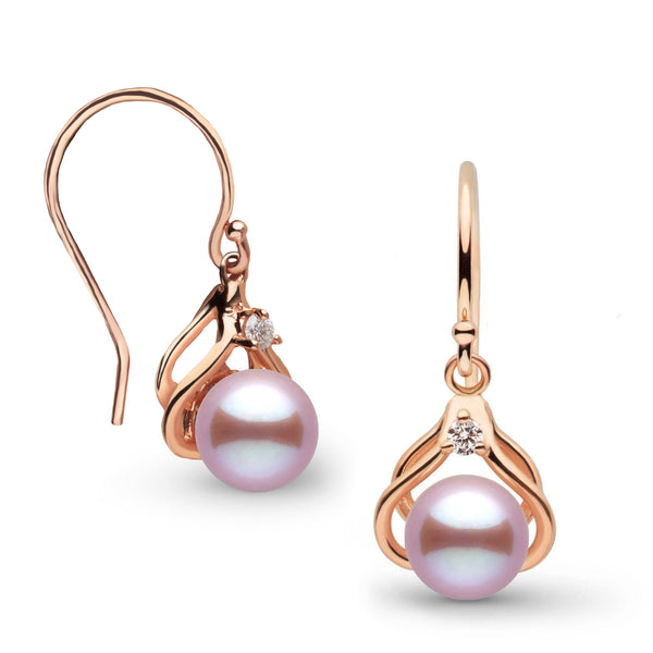 Tiara Collection 6.5-7.0 mm Lavender Freshadama Pearl and Diamond Earrings featuring delicate rose gold hooks with a single lavender freshwater pearl and a small sparkling diamond accent.