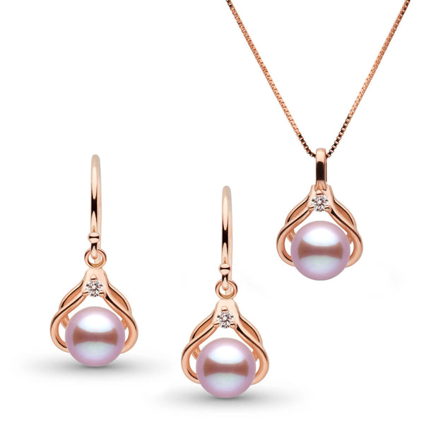 Tiara Collection 6.5-7.0 mm Lavender Freshadama Pearl and Diamond Pendant and Earrings Set featuring lustrous lavender freshwater pearls with delicate rose gold and diamond accents.