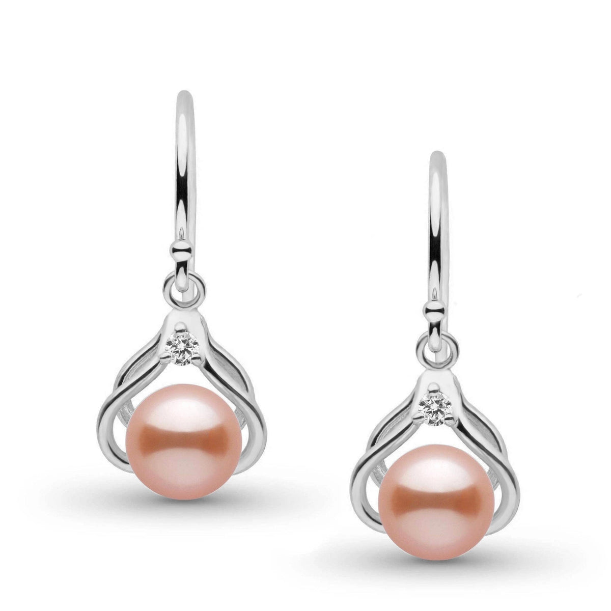 Tiara Collection 6.5-7.0 mm Pink Freshadama Pearl and Diamond Earrings featuring elegant pink freshwater pearls set in a refined 14K white gold design with sparkling diamond accents.