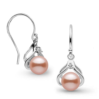 Tiara Collection 6.5-7.0 mm Pink Freshadama Pearl and Diamond Earrings featuring lustrous pink freshwater pearls and sparkling diamonds set in elegant white metal hooks.