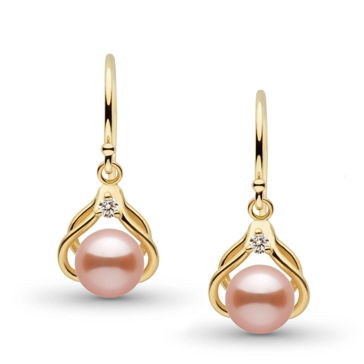 Tiara Collection 6.5-7.0 mm Pink Freshadama Pearl and Diamond Earrings featuring delicate pink pearls set in elegant yellow gold with sparkling diamonds accentuating the design.