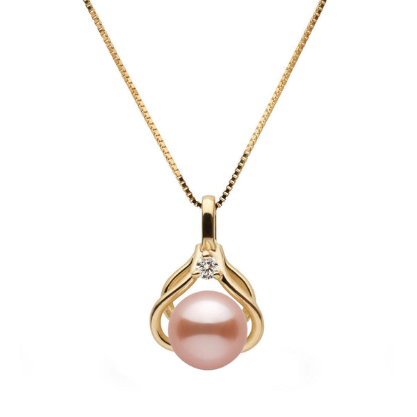 Close-up of a Tiara Collection 6.5-7.0 mm Pink Freshadama Pearl and Diamond Pendant featuring a soft pink pearl set in an elegant gold setting with a sparkling diamond accent on a delicate gold chain.