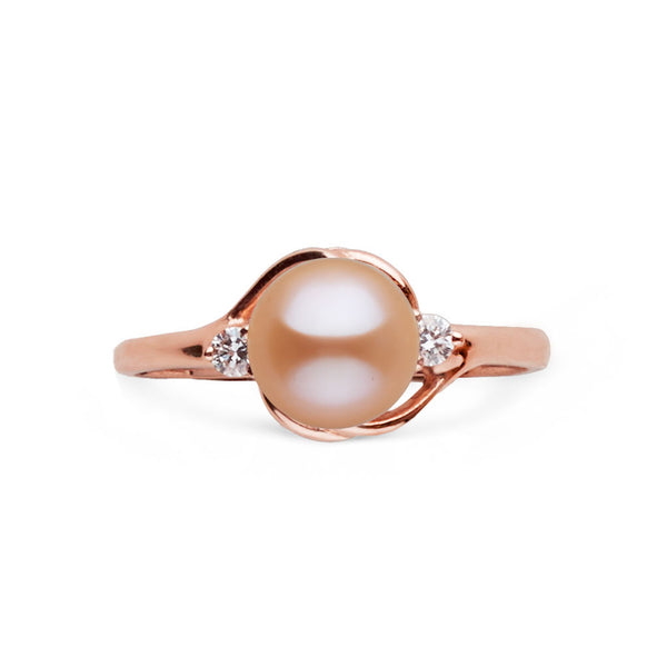Tiara Collection 6.5-7.0 mm Pink Freshadama Pearl and Diamond Ring featuring a delicate rose gold band with a lustrous pink freshwater pearl center and two sparkling side diamonds.