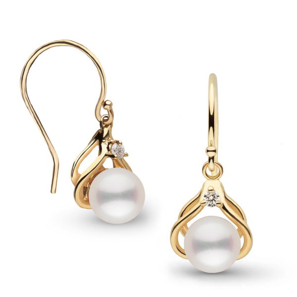 Elegant 18k gold earrings featuring lustrous white Freshadama pearls measuring 6.5-7.0 mm, accented with small sparkling diamonds in the Tiara Collection 6.5-7.0 mm White Freshadama Pearl and Diamond Earrings.
