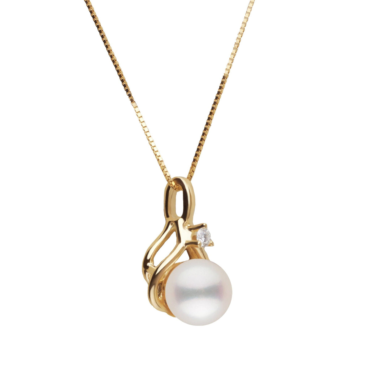Tiara Collection 6.5-7.0 mm White Freshadama Pearl and Diamond Pendant featuring a lustrous white pearl set in a delicate gold setting with a small sparkling diamond accent.