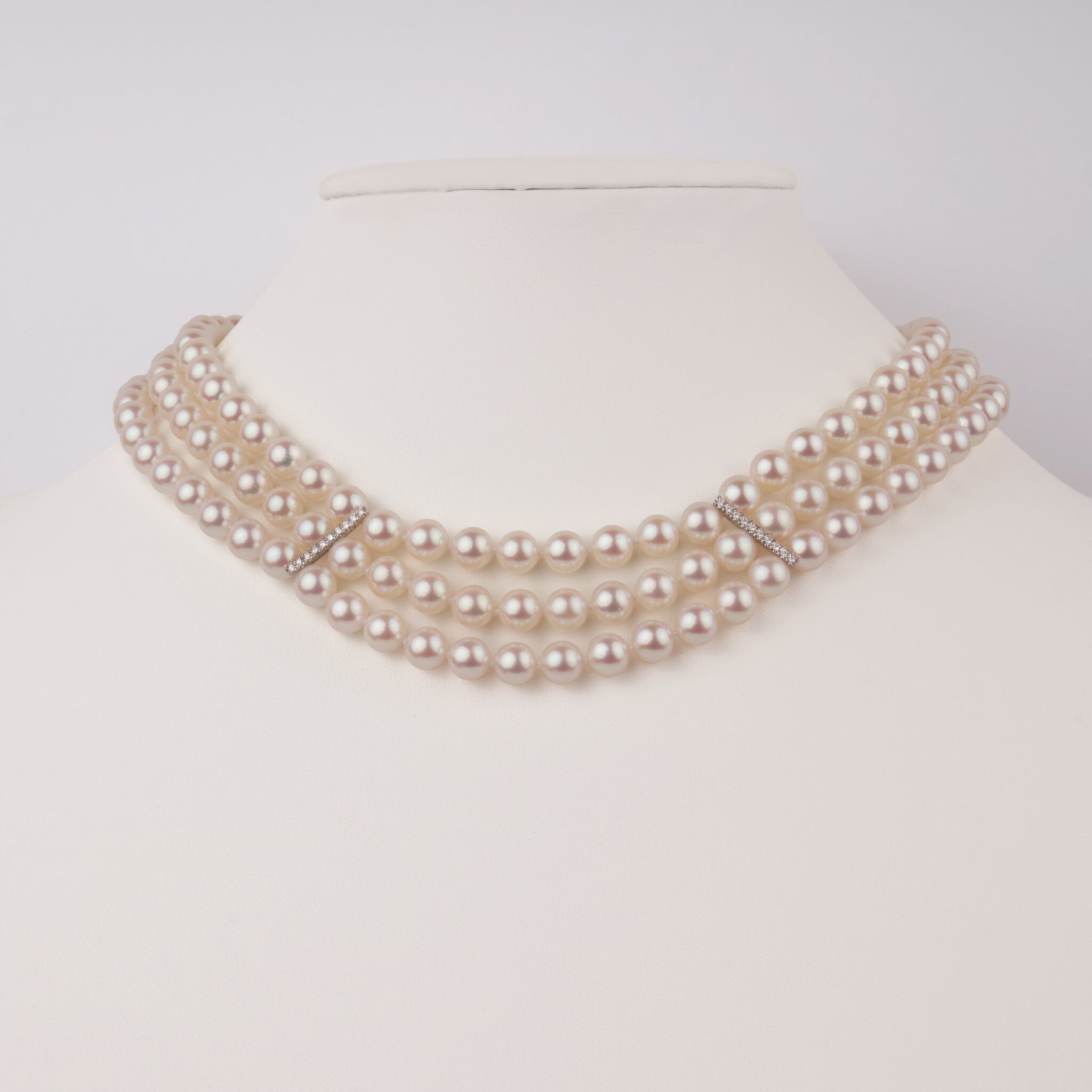 7.0-7.5 mm Triple Strand White Akoya AAA Pearl and Diamond Necklace