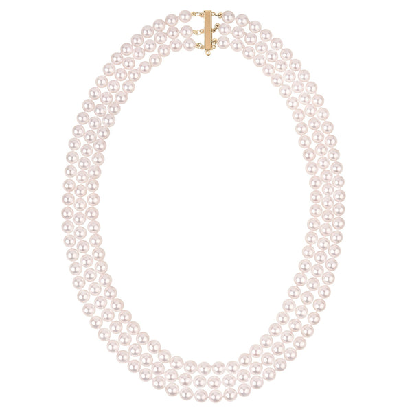 6.0-6.5 mm Triple Strand White Akoya AAA Pearl Necklace yellow gold