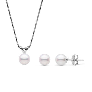 6.0-6.5 mm Akoya Pearl Unity Collection Pendant and Earrings Set with white akoya pearls on a delicate 14K white gold chain and matching stud earrings showcasing classic elegance.