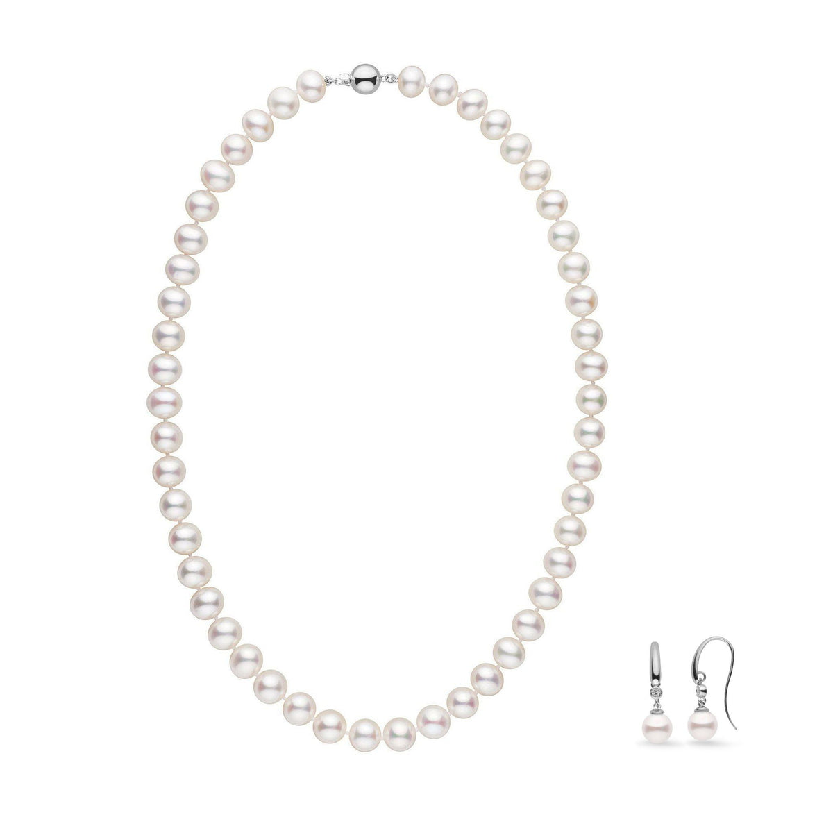 8.5-9.0 mm AA+/AAA White Freshwater Pearl Necklace and Earrings Set featuring lustrous round white pearls with silver clasps and hooks, elegant pearl jewelry for special occasions.