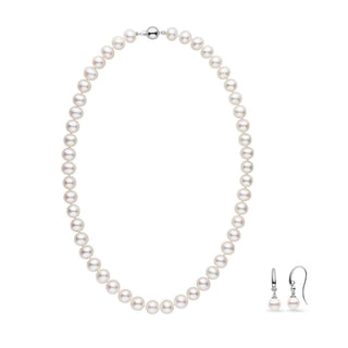 8.5-9.0 mm AA+/AAA White Freshwater Pearl Necklace and Earrings Set featuring lustrous round white pearls with silver clasps and hooks, elegant pearl jewelry for special occasions.