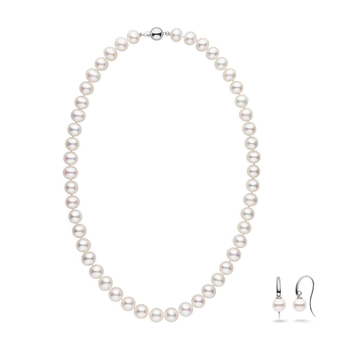 8.5-9.0 mm AA+/AAA White Freshwater Pearl Necklace and Earrings Set featuring lustrous white cultured pearls with silver clasp and hooks, elegant pearl strand and drop earrings.
