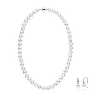 8.5-9.0 mm AA+/AAA White Freshwater Pearl Necklace and Earrings Set featuring lustrous white cultured pearls with silver clasp and hooks, elegant pearl strand and drop earrings.