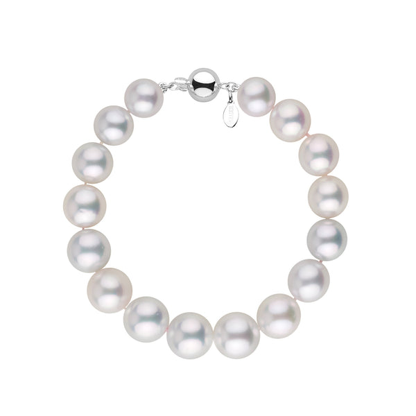 9.1-11.3 mm AAA White South Sea Round Pearl Bracelet featuring lustrous, large white pearls with a polished 14K white gold clasp, elegant and classic pearl bracelet design.